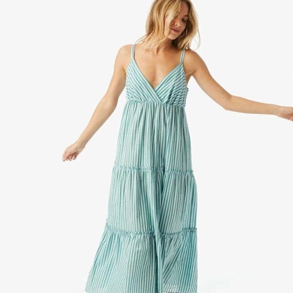 XIRENA GREEN AND WHITE STRIPED SLEEVELESS V NECK MIDI DRESS Size Medium - Picture 1 of 15